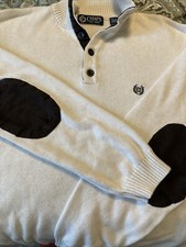 MENS XL CHAPS PULLOVER SWEATER ELBOW PATCHES Ivory Cream W Navy Patches EUC