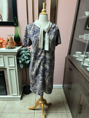60s-70s Shift Navy Blue Dress w/ feather Patterns | size L