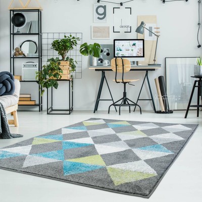 Teppich Flachflor Modern Geometrisches Muster Raute Grau Turkis Grun Ebay