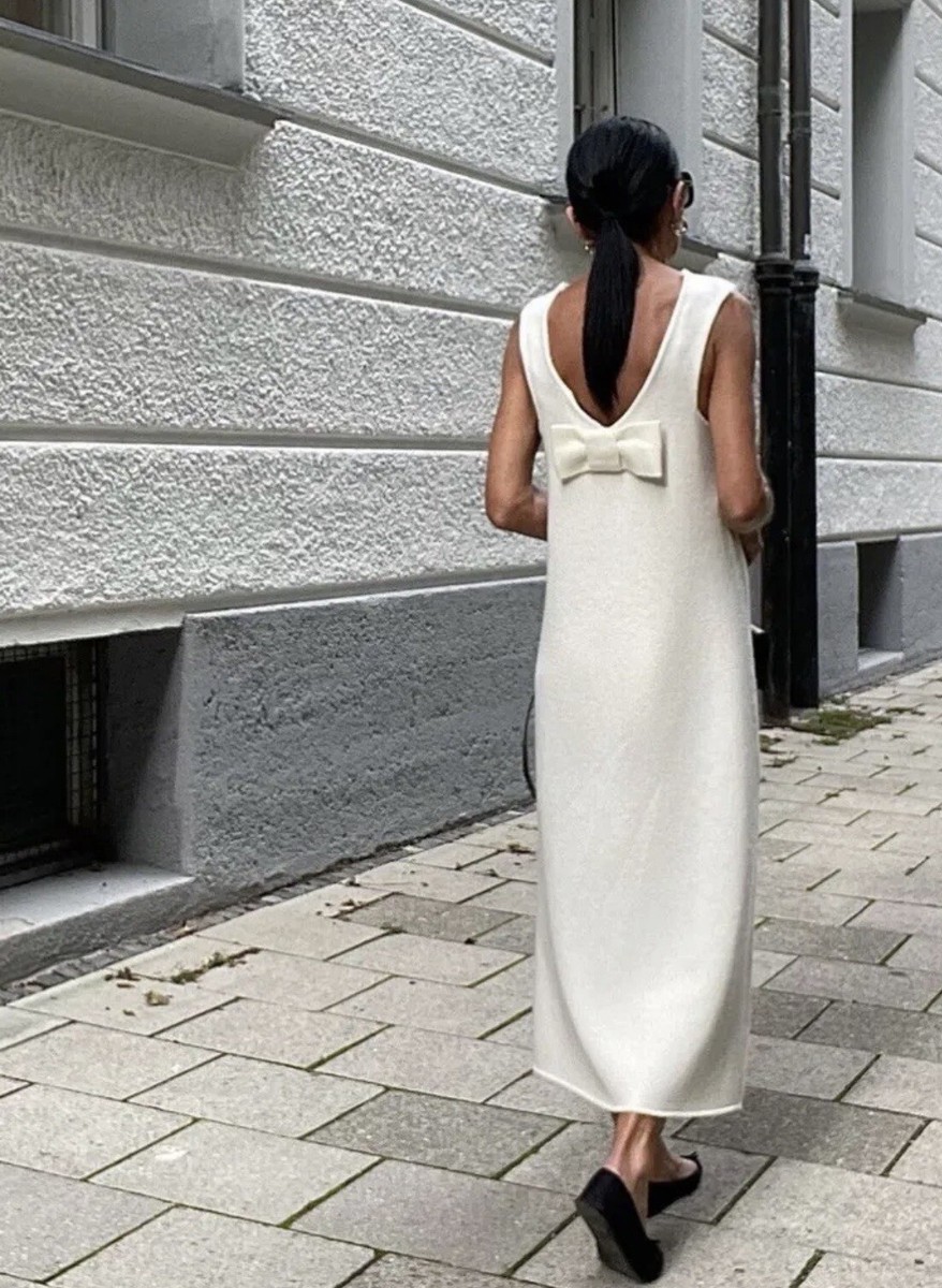 ZARA 100% WOOL ECRU BACK TIE BOW MIDI ROUND NECK DRESS ZARA 100% WOOL ECRU BACK TIE BOW MIDI ROUND NECK DRESS