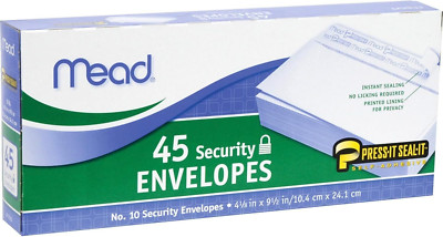 Mead No.10 Envelopes, Security, Press-It Seal-It, 4-1/8'' X 9-1/2'', White, 45 Per