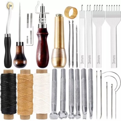 Leather Craft Tools Kit Hand Sewing Stitching Punch Carving Saddle Groover Set