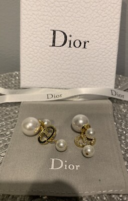 NEW Dior Gold Monogram Pearl Stud Earrings With Diamanté