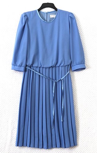 VTG BERKERTEX Blue Pleated Midi Dress Sz 14 Belted 3/4 Sleeve 80s Occasion Wear - Picture 8 of 15