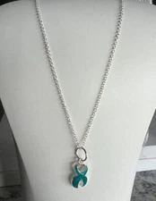 Teal Blue Ribbon Charm Sterling Silver 18" Chain awareness cancer survivor gift