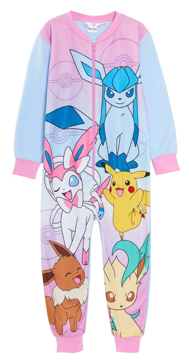 Girls Pokemon All In One Cosy Fleece Pjs Pyjamas Kids Fleece Pjs Warm  Loungewear