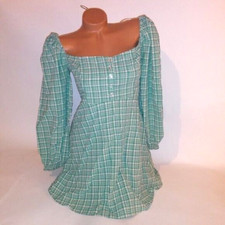 Urban Outfitters Dress Small Green White Plaid Puff Sleeve Academia Long Sleeve