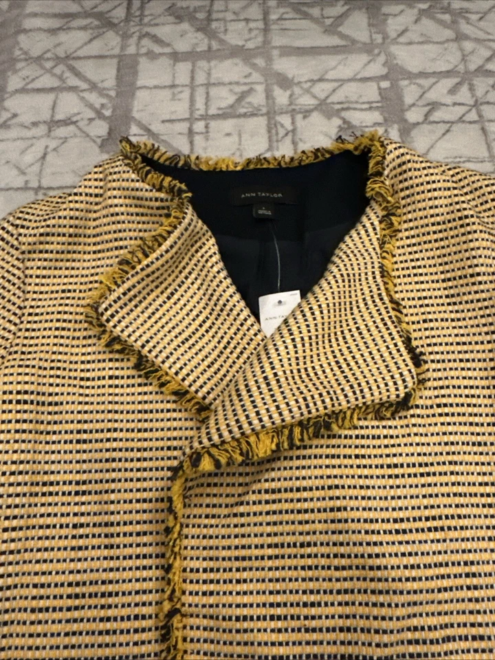 Новый Ann Taylor женщин желтый темно-синий Tweed бахрома блейзер куртка размер 6 - Изображение 4 из 4