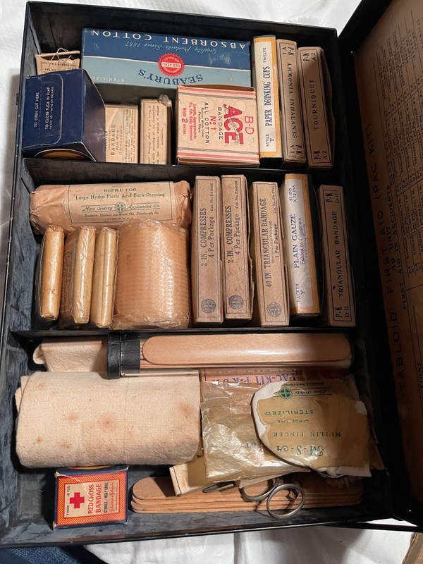 First Aid Metal Box, Antique, American Red Cross Textbook dated 1925