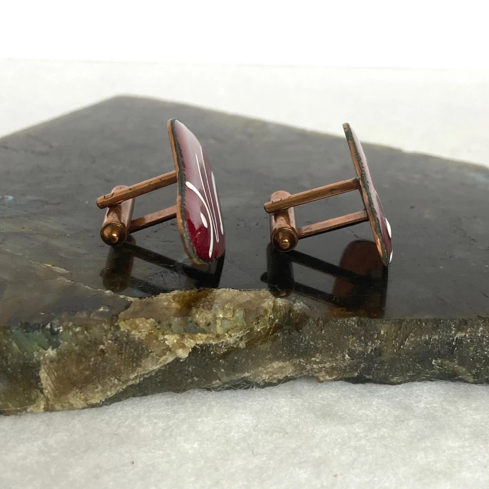 Vintage Modernist Copper Red White Enamel Fish Cuff Links READ DESCRIPTION - Image 2 of 4