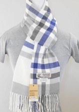 Men's Winter Scarf Check-Plaid,White Gray Blue Cashmere Feel,Warm Unisex