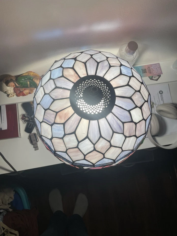 Tiffany Style Lamp Pink & Purple Floral Flowers Stained Glass - Image 4 of 4