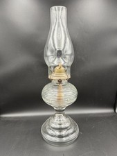 Antique Pressed Glass Pedestal Oil Lamp with Beaded Chimney and Scroll Base — listing 6