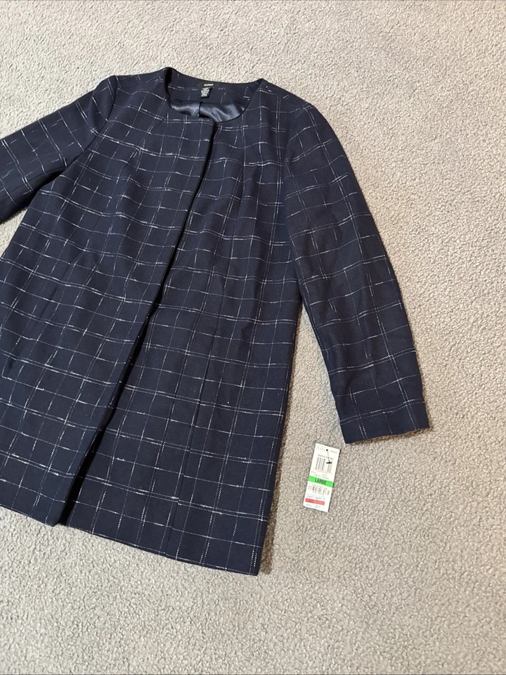 New Alfani Womens Blue Plaid Stretch Print A-Line Coat Jacket Size L - Image 3 of 4