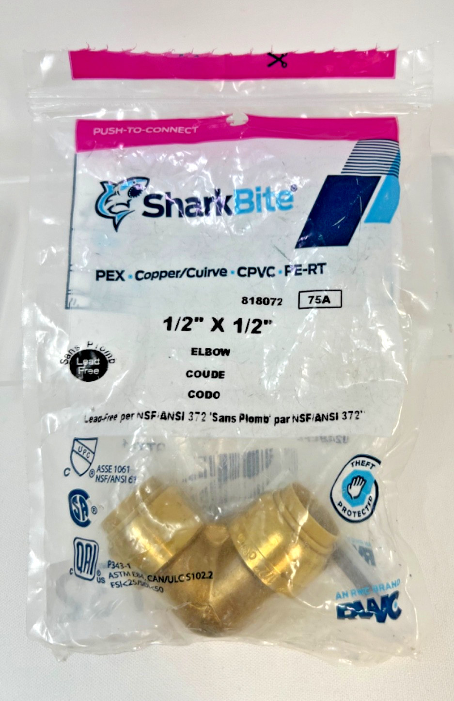 SharkBite 1/2" X 1/2" Push Connect Elbow PEX Copper CPVC Lead Free Fitting 90Deg