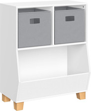 Kids Bookshelf Toy Storage Organizer with 2 Cubbies, 2 Folding Gray Fabric Bins