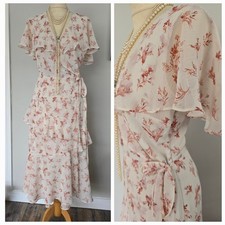 Vintage 1920s 1930s Style Cream Floral Chiffon Cape Faux Wrap Dress Size 10