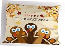  Turkey Pillow Sham, Happy Thanksgiving Falling Leaves 26" X 20" Brown Cream