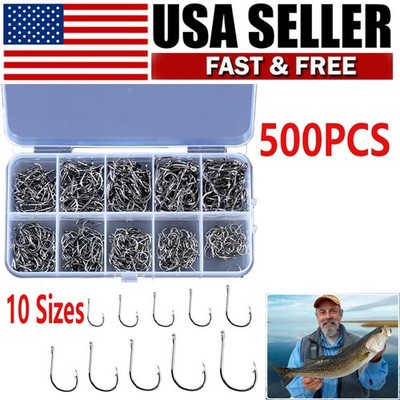 500Pcs Fish Hooks Fishing Black Silver Sharpened With Box Quality kit 10Size NEW