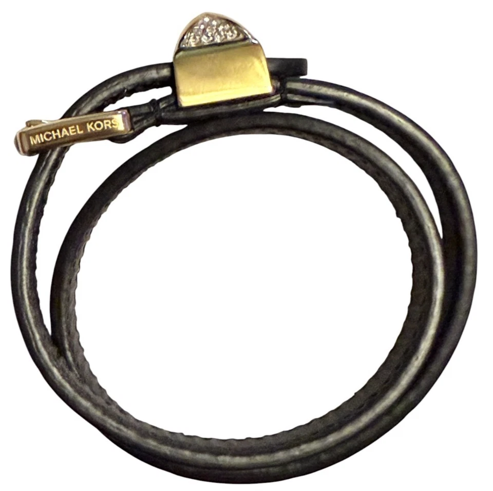 Michael Kors Women's Black Leather Double Wrap Belt Bracelet Gold Pyramid Collar - Image 2 of 4