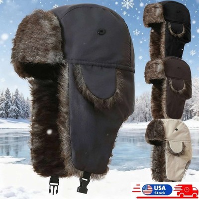 Winter Mens Ushanka Aviator Trapper Hat Russian Trooper Flap Faux Fur Cap, Warm