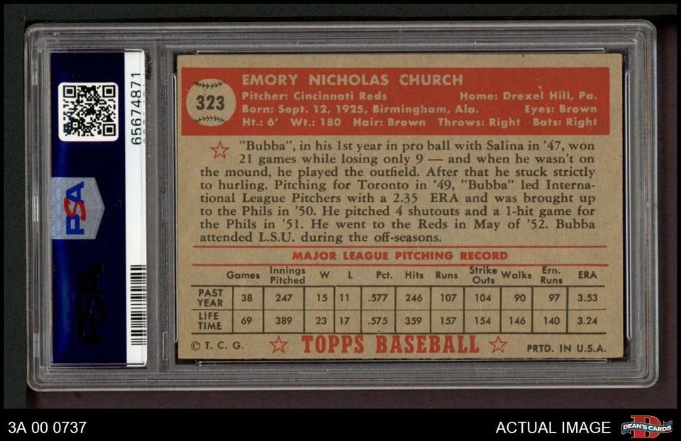 1952 Topps #323 Bubba Church Reds PSA 4 - VG/EX - Image 2 of 2