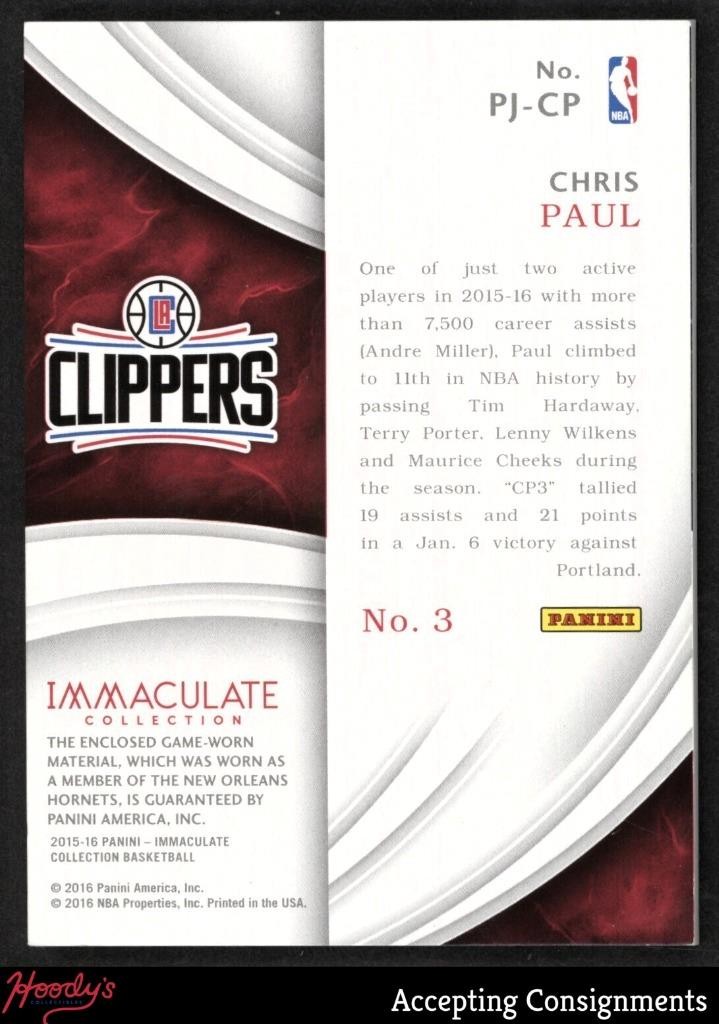 2015-16 Immaculate Jersey Number Chris Paul GAME USED PATCH 1/3 Clippers view 2