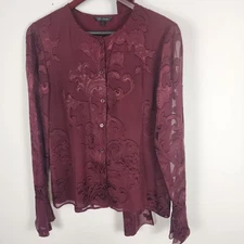St John Silk Blend Maroon Floral Long Sleeve Button Blouse and Scarf Women's 6