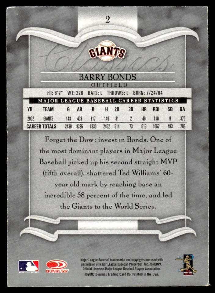 2003 Donruss Classics #2 Barry Bonds San Francisco Giants - Image 2 of 2