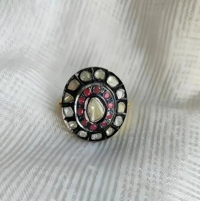 Ruby & Rose Cut Polki Diamond Ring 925 Sterling Silver Victorian Antique Ring