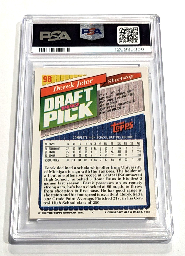 1993 TOPPS - DEREK JETER #98 ROOKIE CARD (RC) - PSA 9 MINT view 2