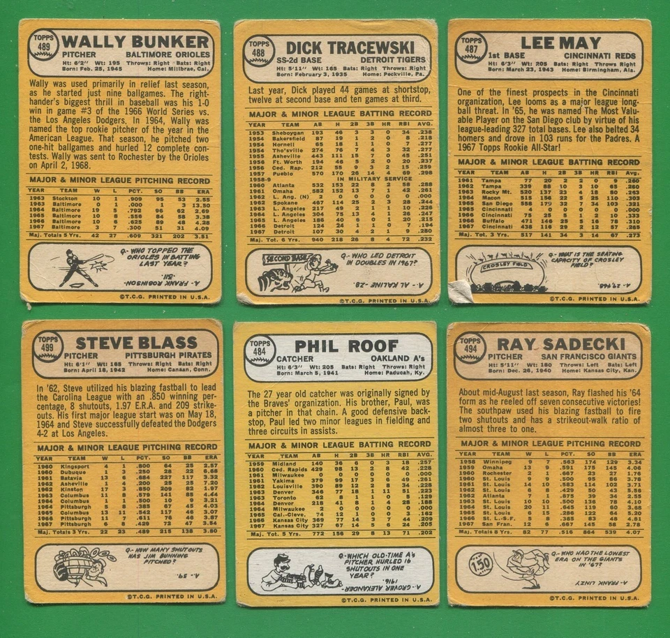 1968 Topps Baseball ~~ {6} ~~ 489, 488, 487, 499, 484, 494 ~~ Free S/H - Image 2 of 2