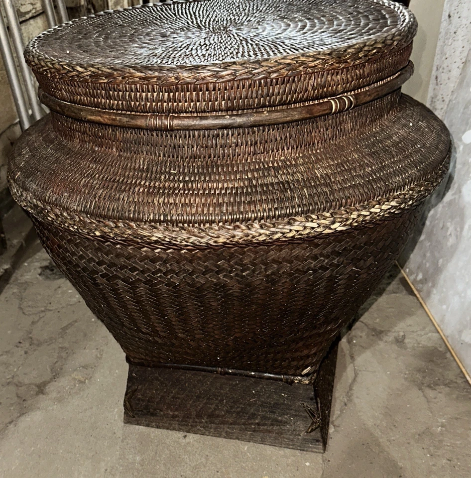 Antique Vintage Chinese Hand Woven Rattan Bamboo Storage Basket  - Image 3 of 4