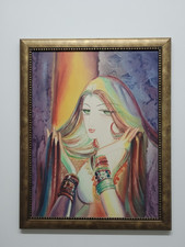 Woman Portrait Framed Wall Art 31" Vintage Retro Painting for Decor