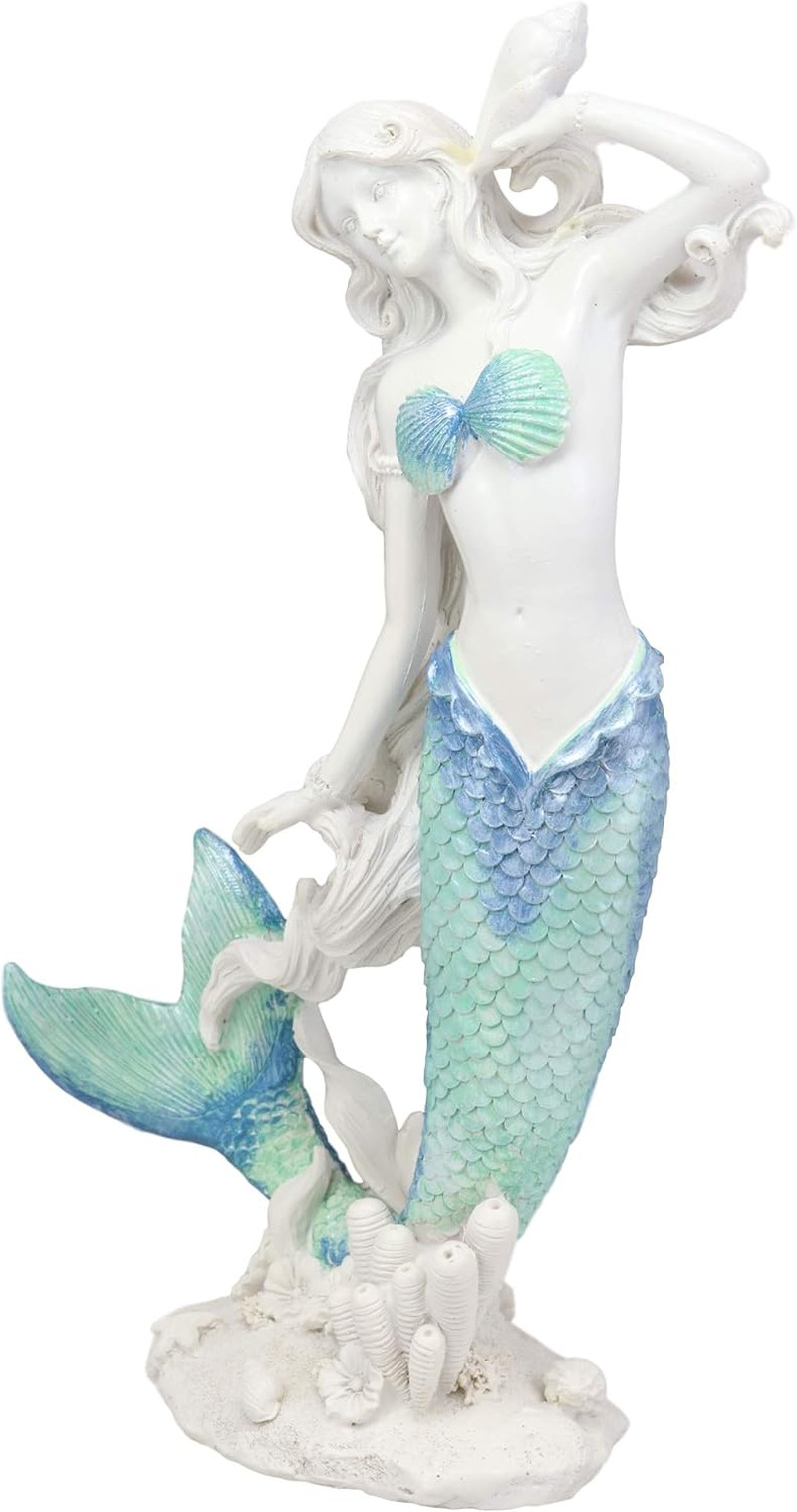 Large Nautical Capiz Blue Tailed Mermaid Ariel by White Coral Rocks Statue Ocean