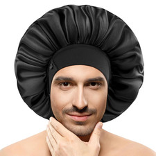 Silk Bonnets for Men Adjustable Satin Sleep Cap Large Hair Protection Black