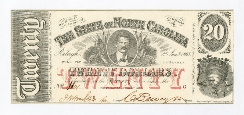 1863 Cr.119 $20 The State of NORTH CAROLINA Note - CIVIL WAR Era Ch.AU+