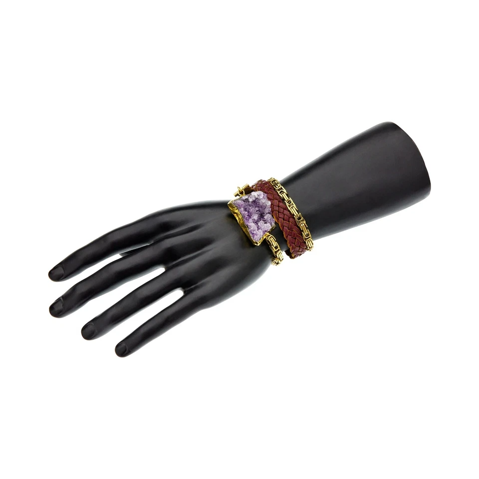 Pulsera de amatista hecha a mano con cadena de sujetadores chapados en oro de 24 quilates y cuero real Foto 2 de 2