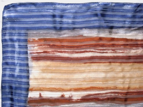 ๐ MICHEL Silk Scarf โ 31" Abstract STRIPE Blue Brown Silver Elegant Chiffon Vin - Picture 2 of 6