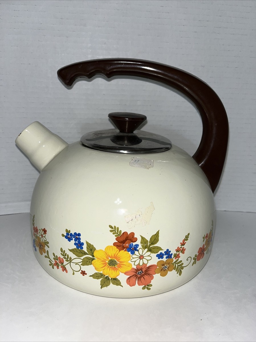 Vintage JPM Enamel Tea Pot Kettle LARGE Sweet Flowers Made In