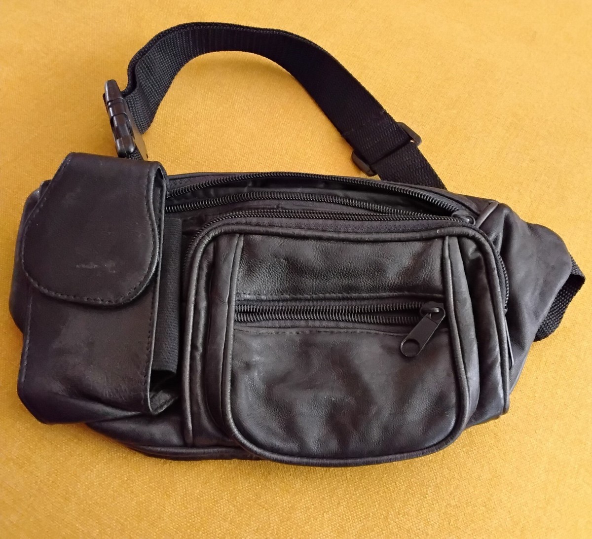 Soft Black Leather Vintage Zippered Fanny Pack Waist Bag Hip Old