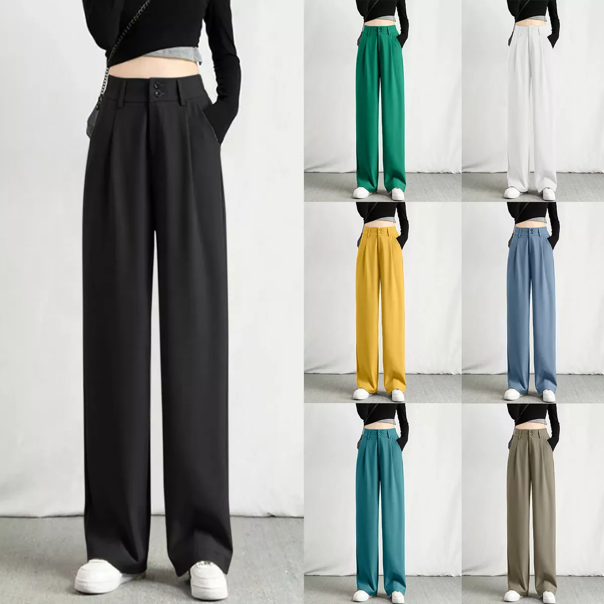 Women s Wide Leg High Elastic Waisted Business Work Trousers Straight Suit Pants