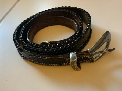 Black Woven Leather Belt Ivory Triangle Inlay Contrast Stitch Brass Buckle 35\