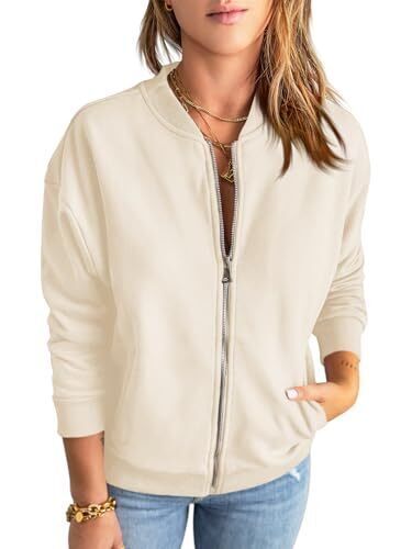 Womens Zip Up Long Sleeve Sweatshirt Jacket Casual Loose Coats Medium Beige