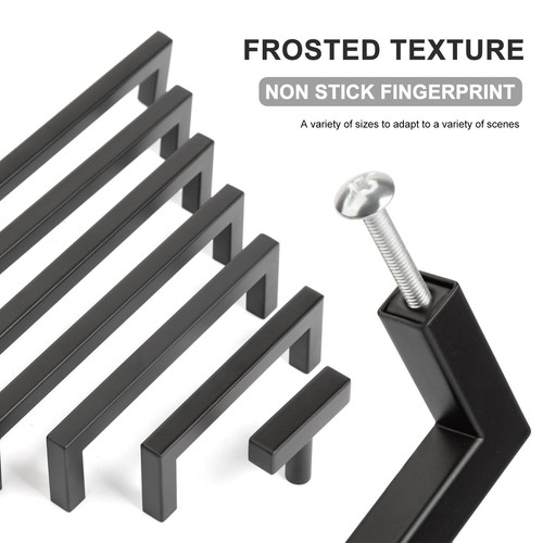 Matte Black Square Modern Cabinet Handles Pulls Kitchen Drawer Stainless Steel - Picture 6 of 12