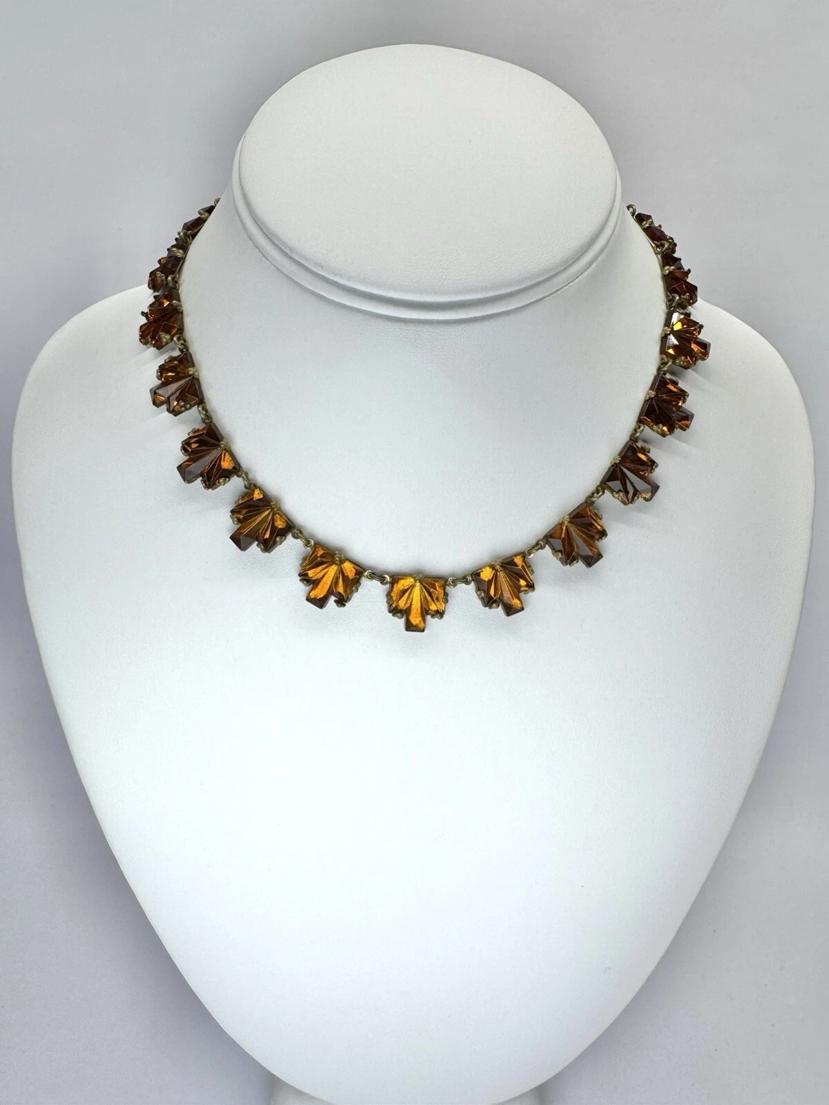 CZECH Vauxhall Cognac Glass Art Deco Faceted Brass Vintage Necklace Jewelry N94