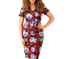 Collectif Women's XS 4 Dress Caterina Red Floral Pencil Wiggle Retro Rockabilly