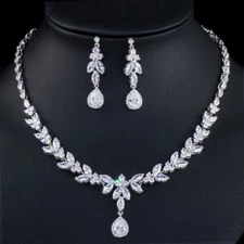 Shiny White CZ Leaf Dangle Drop Necklace Earring Set for Fiancee Pageant Jewelry