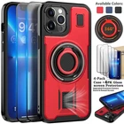 For iPhone 13 14 15 16 Pro Max Plus Case, Rugged Ring Stand Cover Tempered Glass