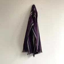 Pure Wool Striped Scarf Made In Germany Unisex Purple Grey Warm Winter Fringe